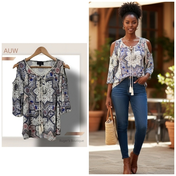 AUW Tops - 🌿AUW Womens Small Drop Sleeve Multi Print Top with Tassel Ties-So cute!